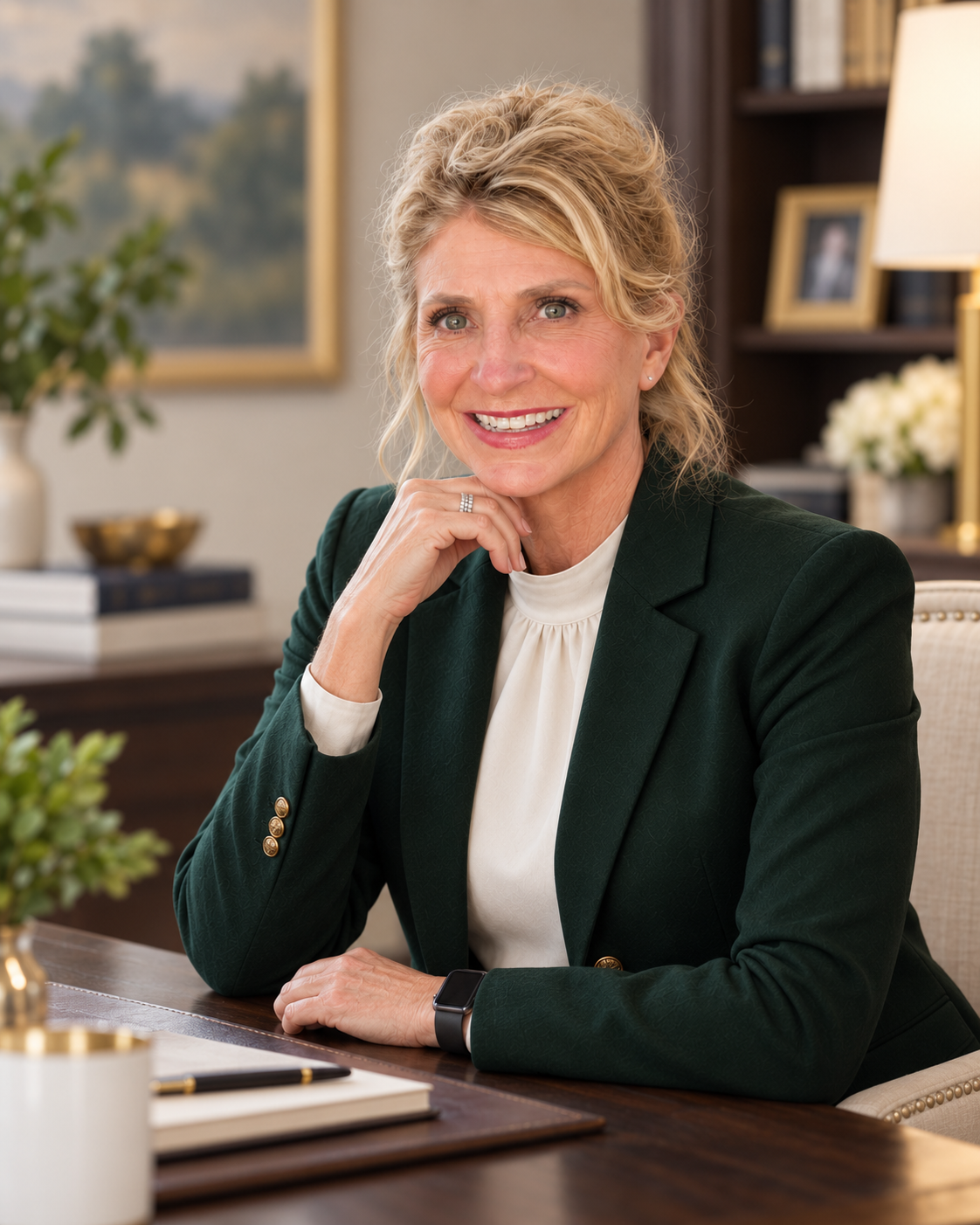 Rebecca, founder of Solid Ground Reserve, seated warmly at her desk