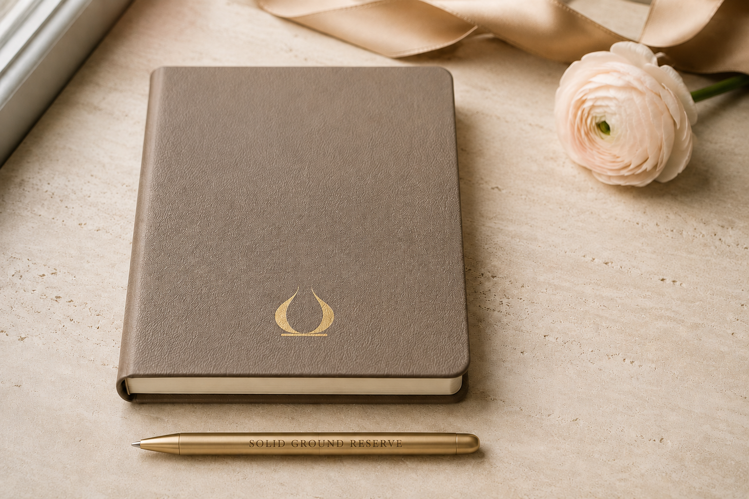 Mushroom journal with the Solid Ground Reserve emblem and a branded satin-gold pen
