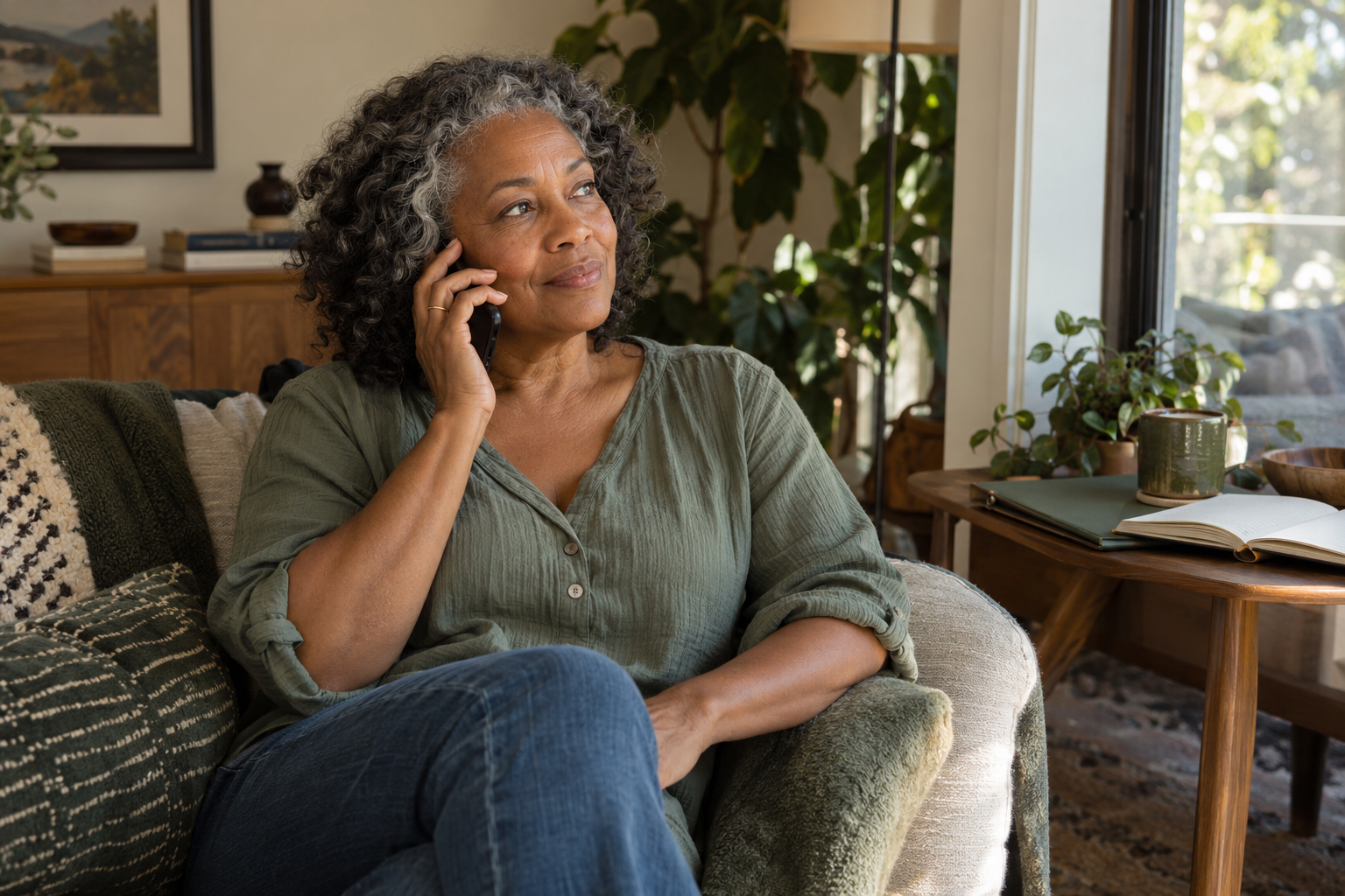 AI-generated editorial image of an older woman in a sage blouse speaking on the phone at home, with a notebook and closed folder on a nearby table.